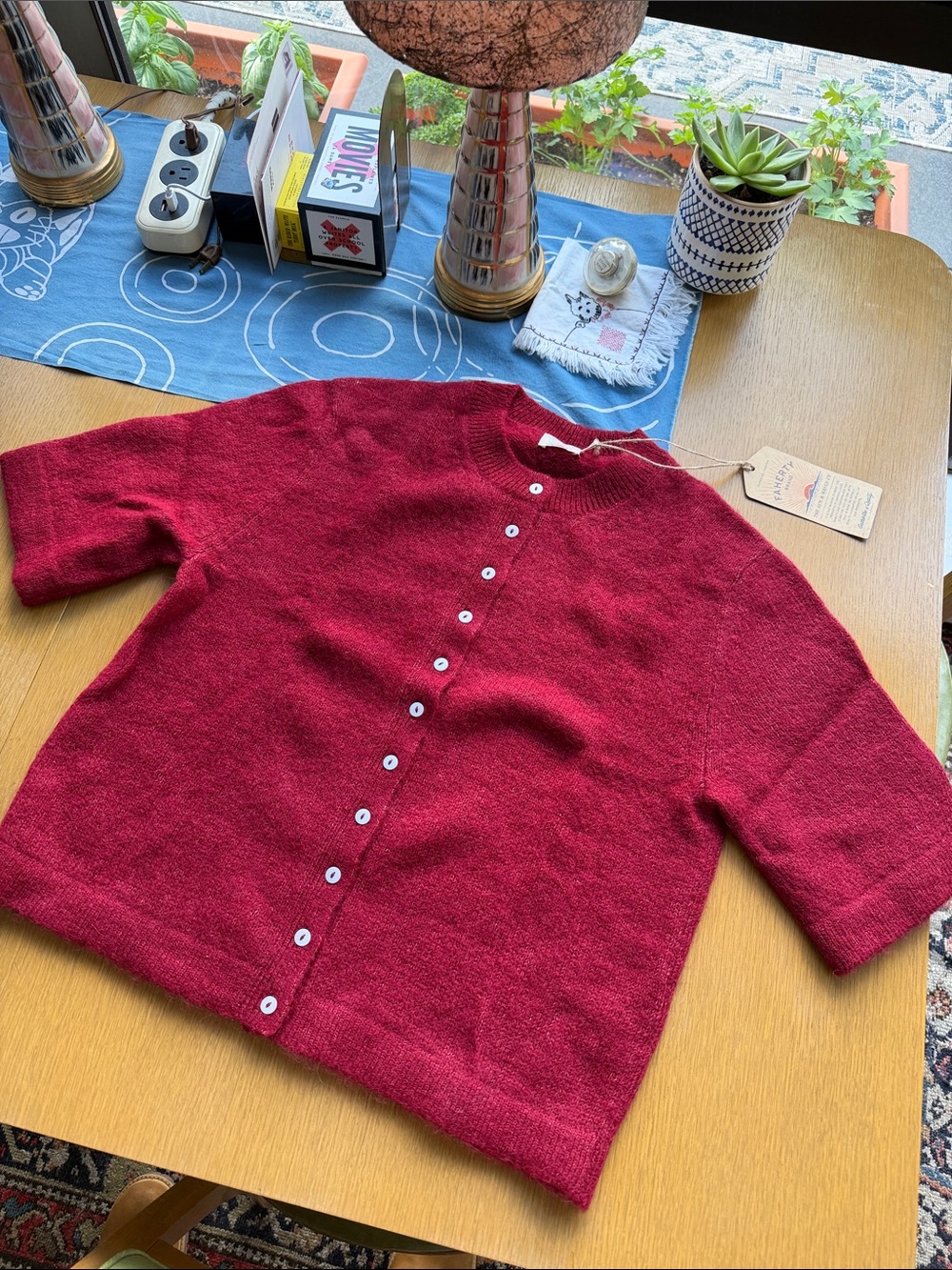 Faherty Button-Front Short Sleeve Cardigan - Burgundy